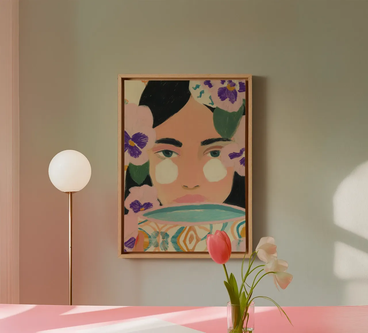 Abstracte illustratie vrouw, bloemenprint, moderne kunst canvas met Baklijst van Boheme