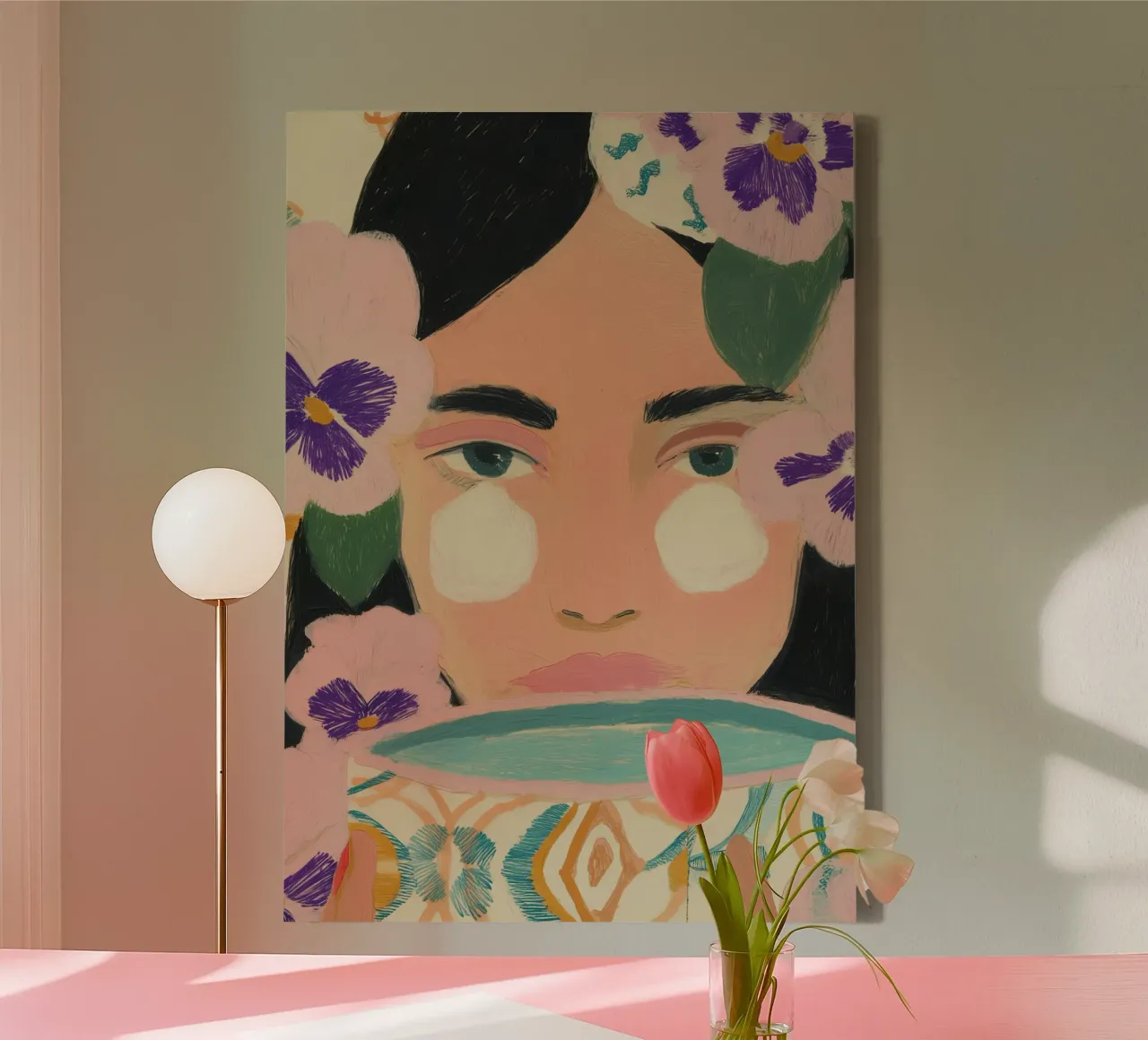 Abstracte illustratie vrouw, bloemenprint, moderne kunst canvas met Baklijst van Boheme