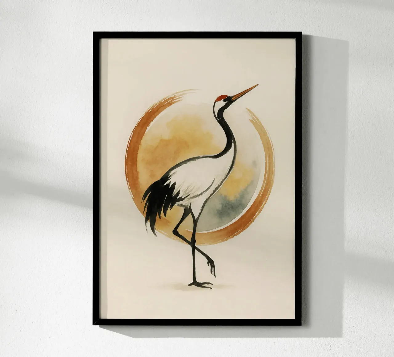 Watercolor Sun Circle Japanese Crane Art poster con telaio in alluminio da Mosaic Dialogue