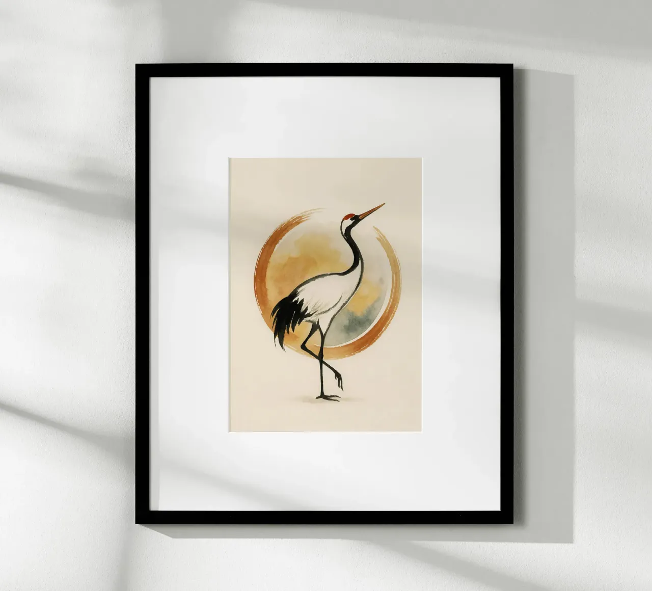 Watercolor Sun Circle Japanese Crane Art poster con telaio in alluminio da Mosaic Dialogue