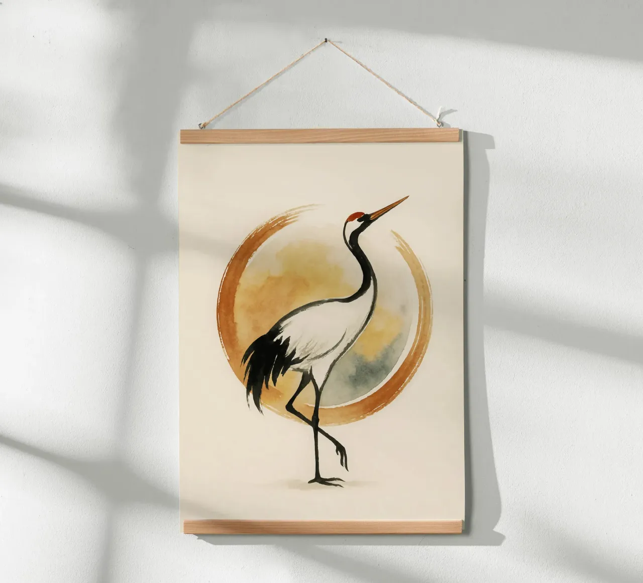 Watercolor Sun Circle Japanese Crane Art poster con telaio in alluminio da Mosaic Dialogue
