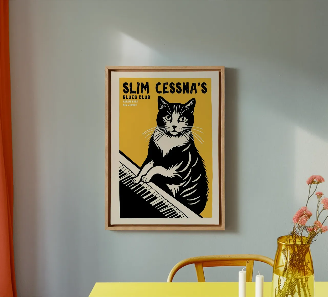 gatto tastiera del pianoforte testo tela con Cornice a cassetta da Janine P McGuire