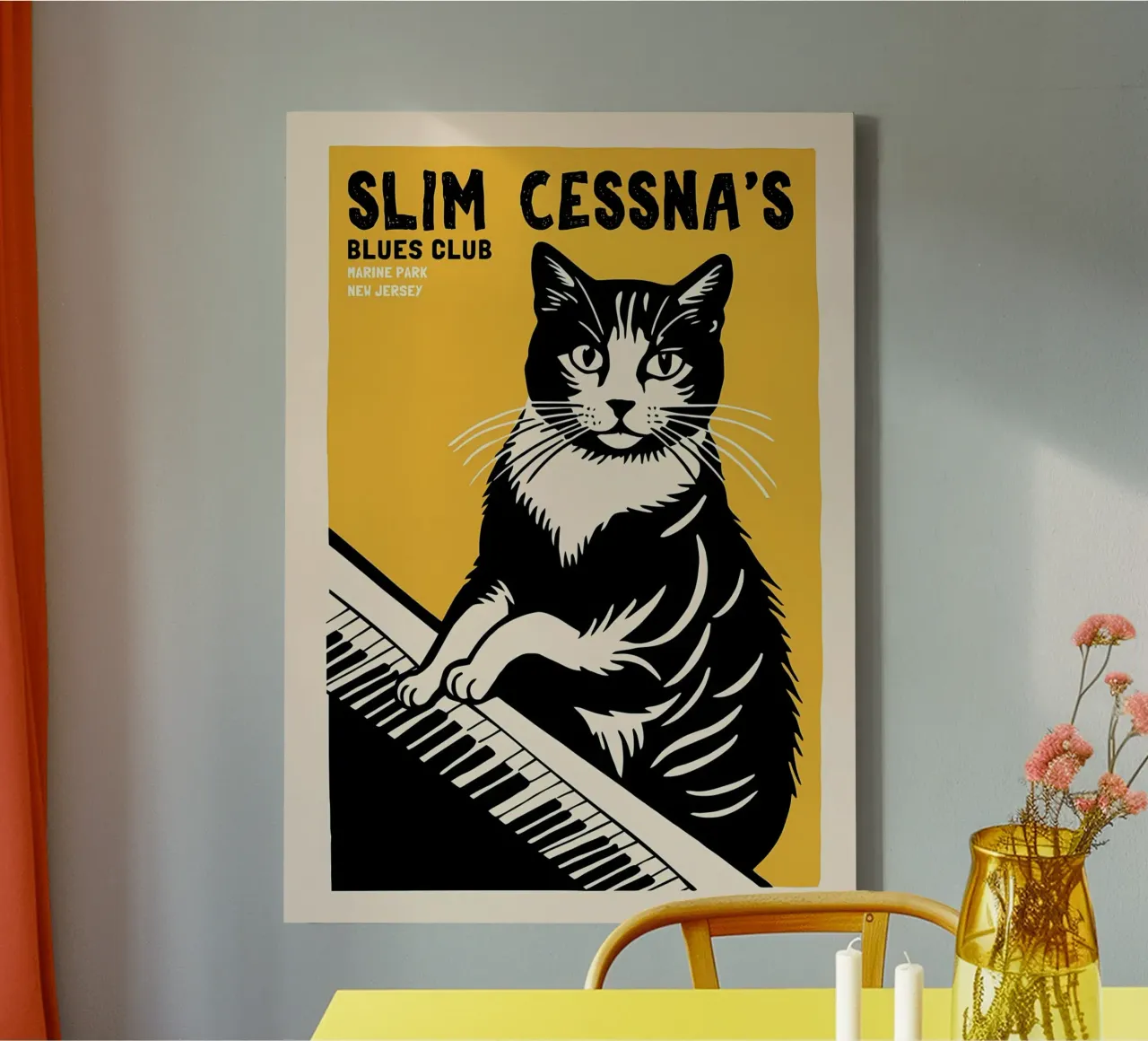 gatto tastiera del pianoforte testo tela con Cornice a cassetta da Janine P McGuire