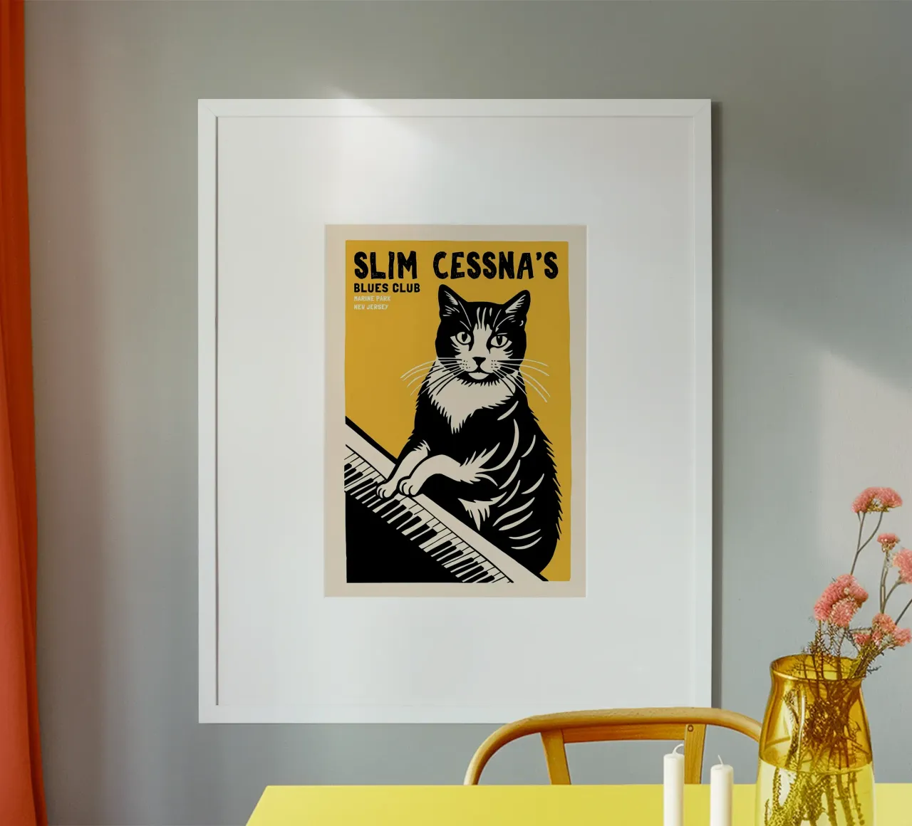 gatto tastiera del pianoforte testo poster con telaio in legno da Janine P McGuire