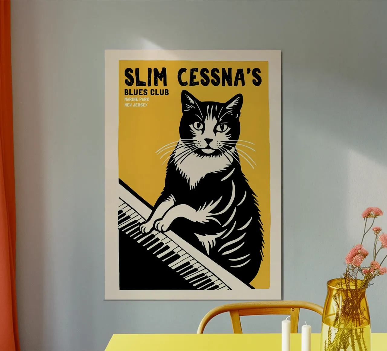 gatto tastiera del pianoforte testo poster con telaio in legno da Janine P McGuire