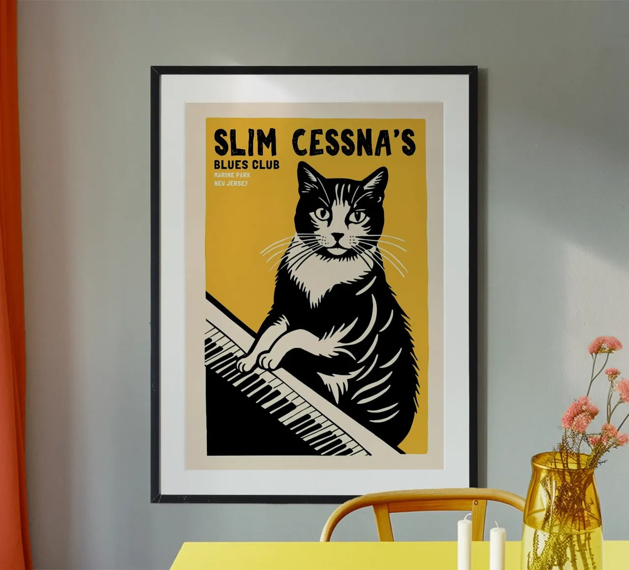 gatto tastiera del pianoforte testo poster con telaio in legno da Janine P McGuire