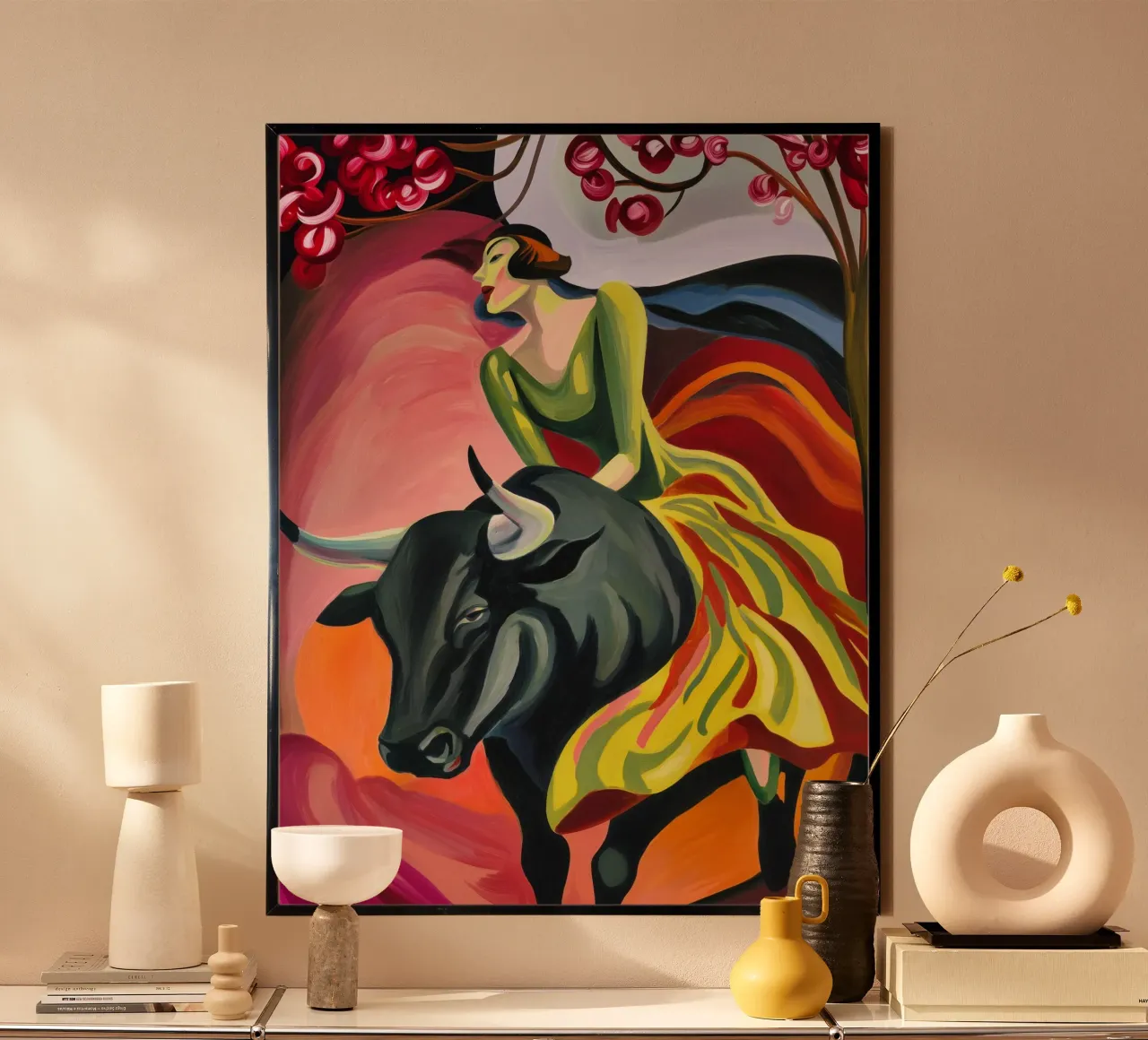 Die Frau reitet den Stier in den Frühling | Leinwand-Malerei Poster von Autofocus