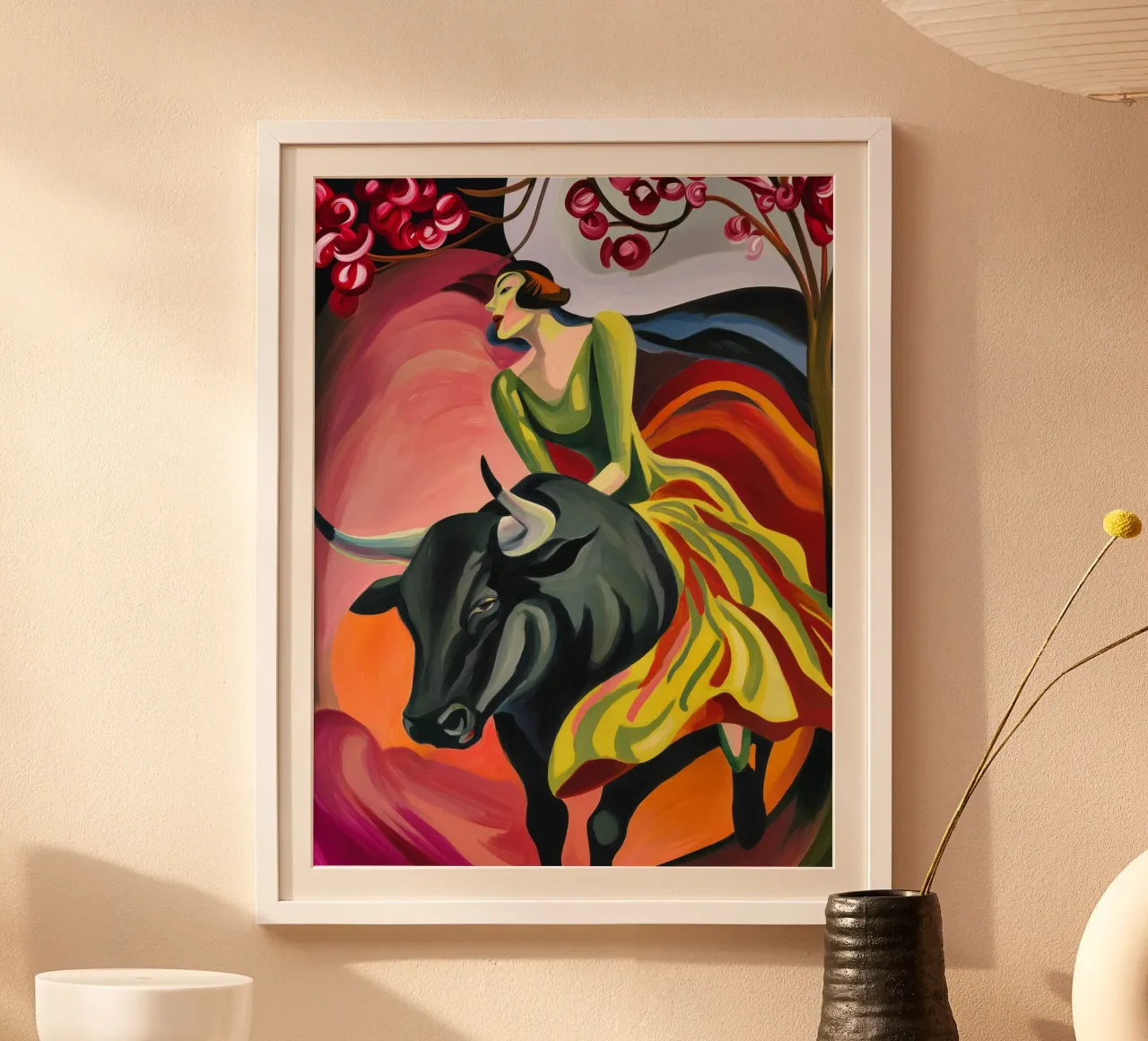 Die Frau reitet den Stier in den Frühling | Leinwand-Malerei Poster von Autofocus