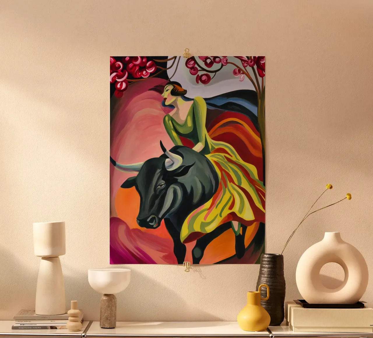 Die Frau reitet den Stier in den Frühling | Leinwand-Malerei Poster von Autofocus