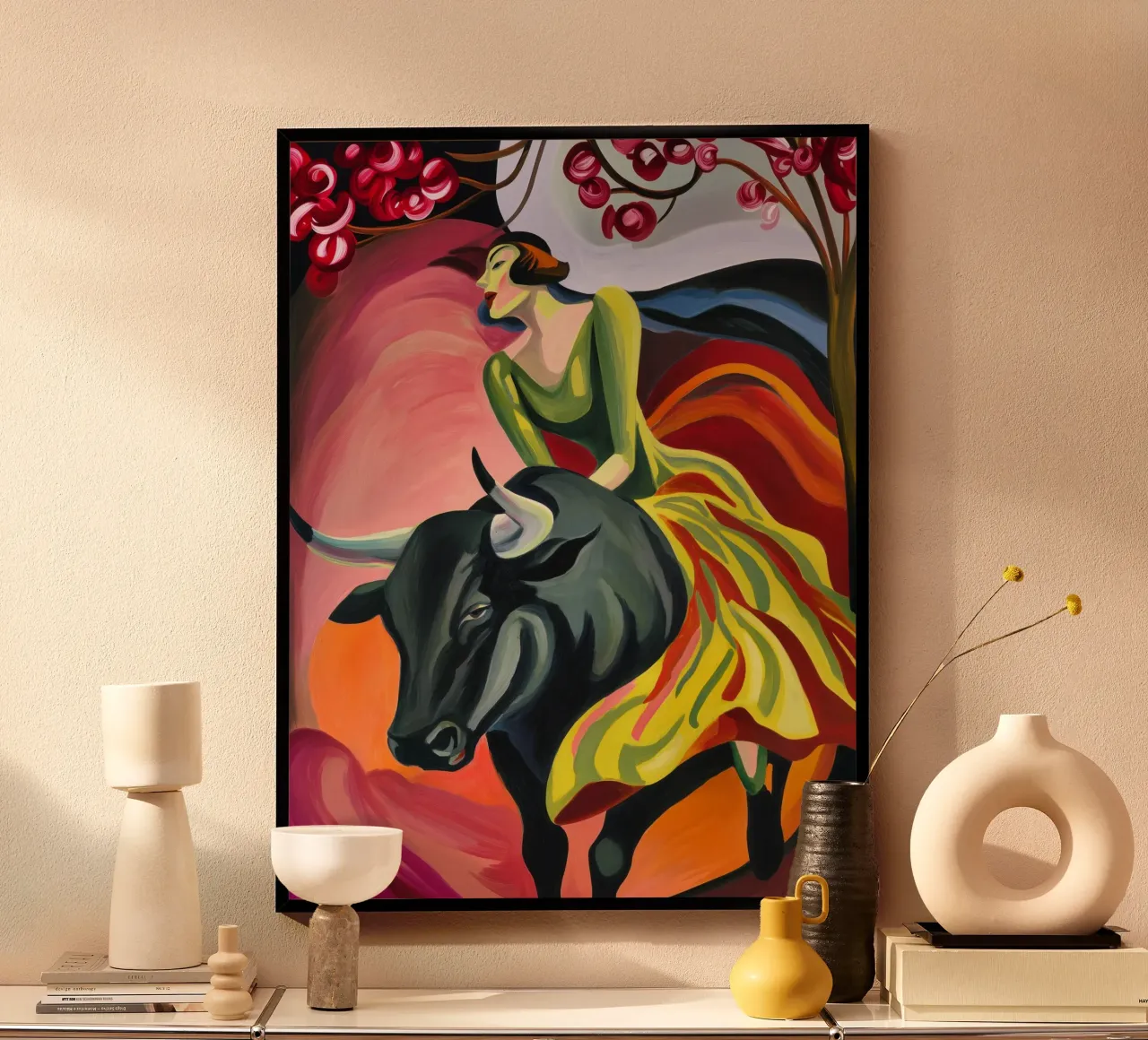 Die Frau reitet den Stier in den Frühling | Leinwand-Malerei Poster von Autofocus