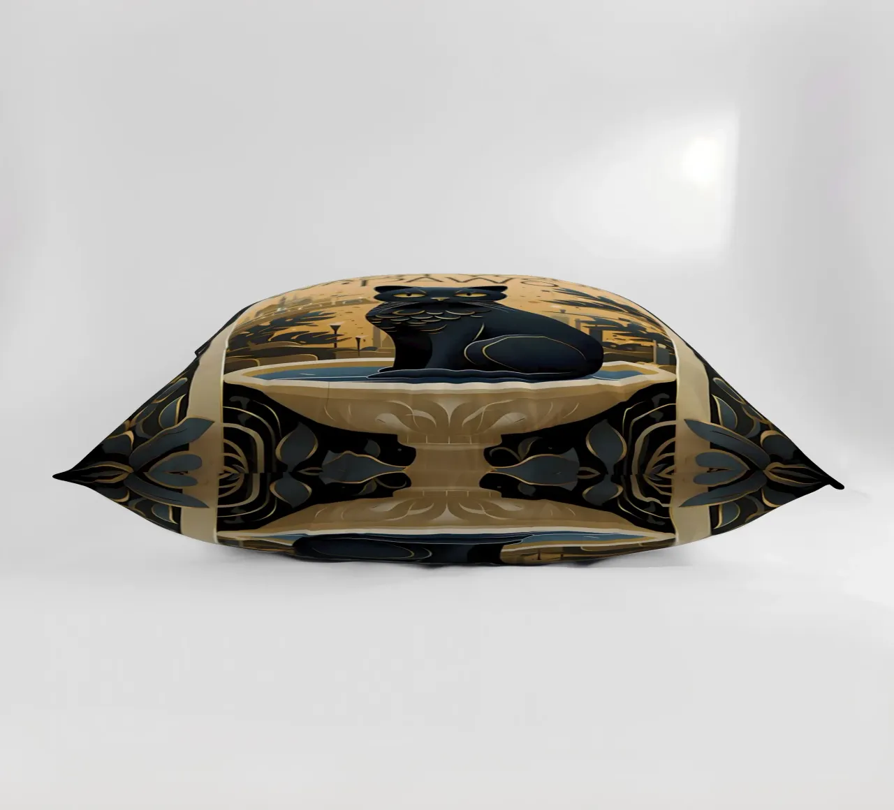 cat bowl text gold leaves decorative cushion by Paul Vasquez
