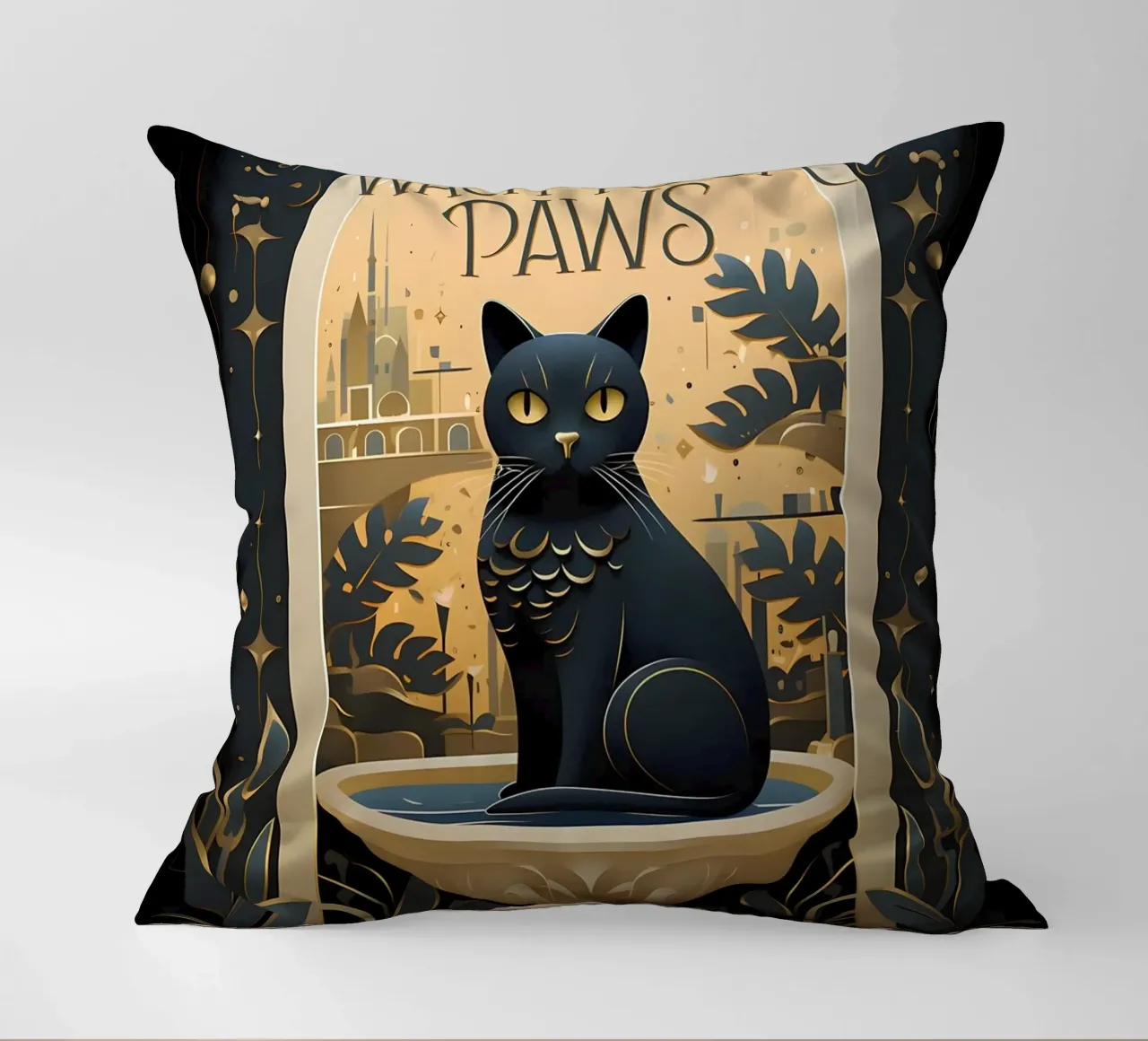 cat bowl text gold leaves decorative cushion by Paul Vasquez