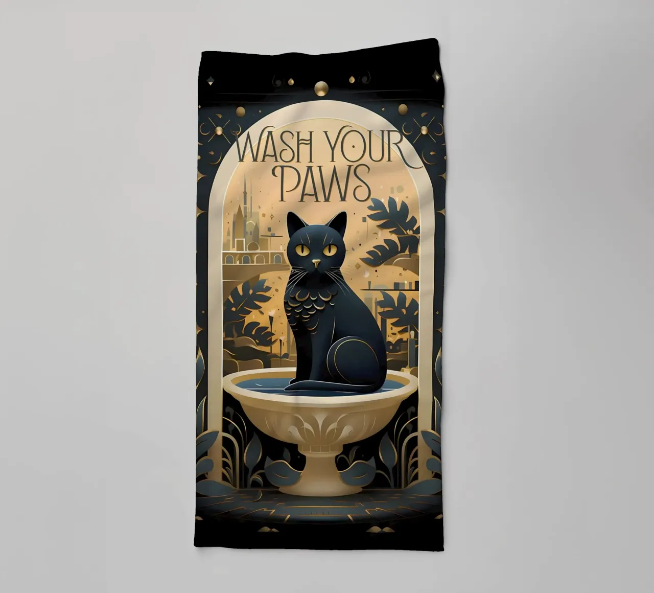 cat bowl text gold leaves towel by Paul Vasquez