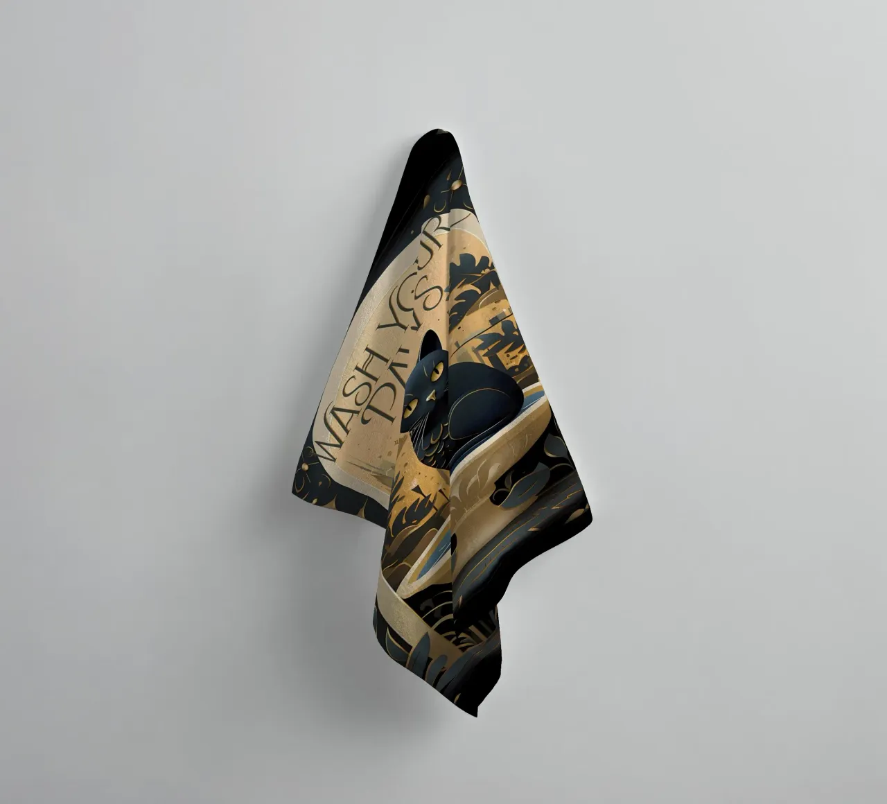 cat bowl text gold leaves towel by Paul Vasquez