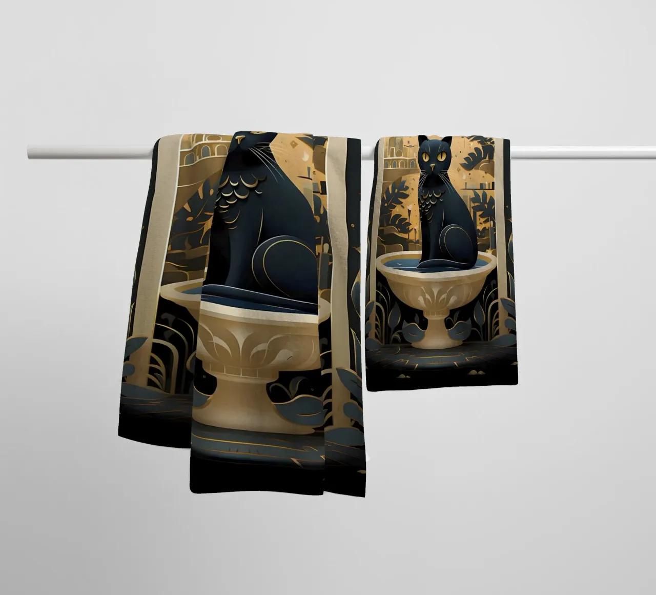 cat bowl text gold leaves towel by Paul Vasquez