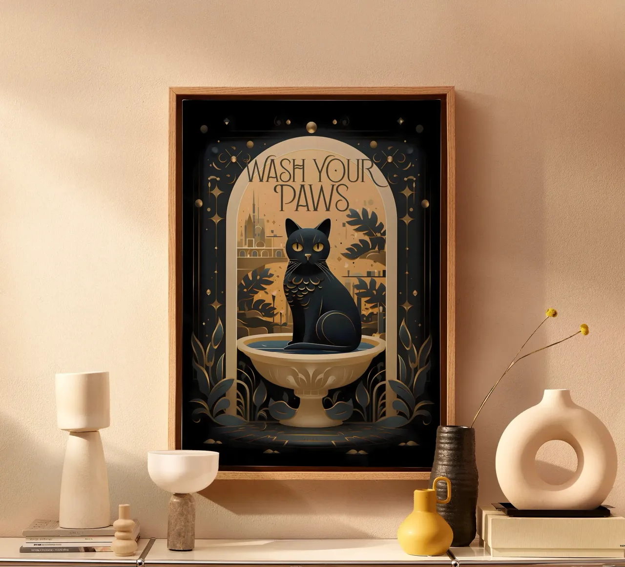 kattenbak tekst gouden bladeren canvas met Baklijst van Paul Vasquez