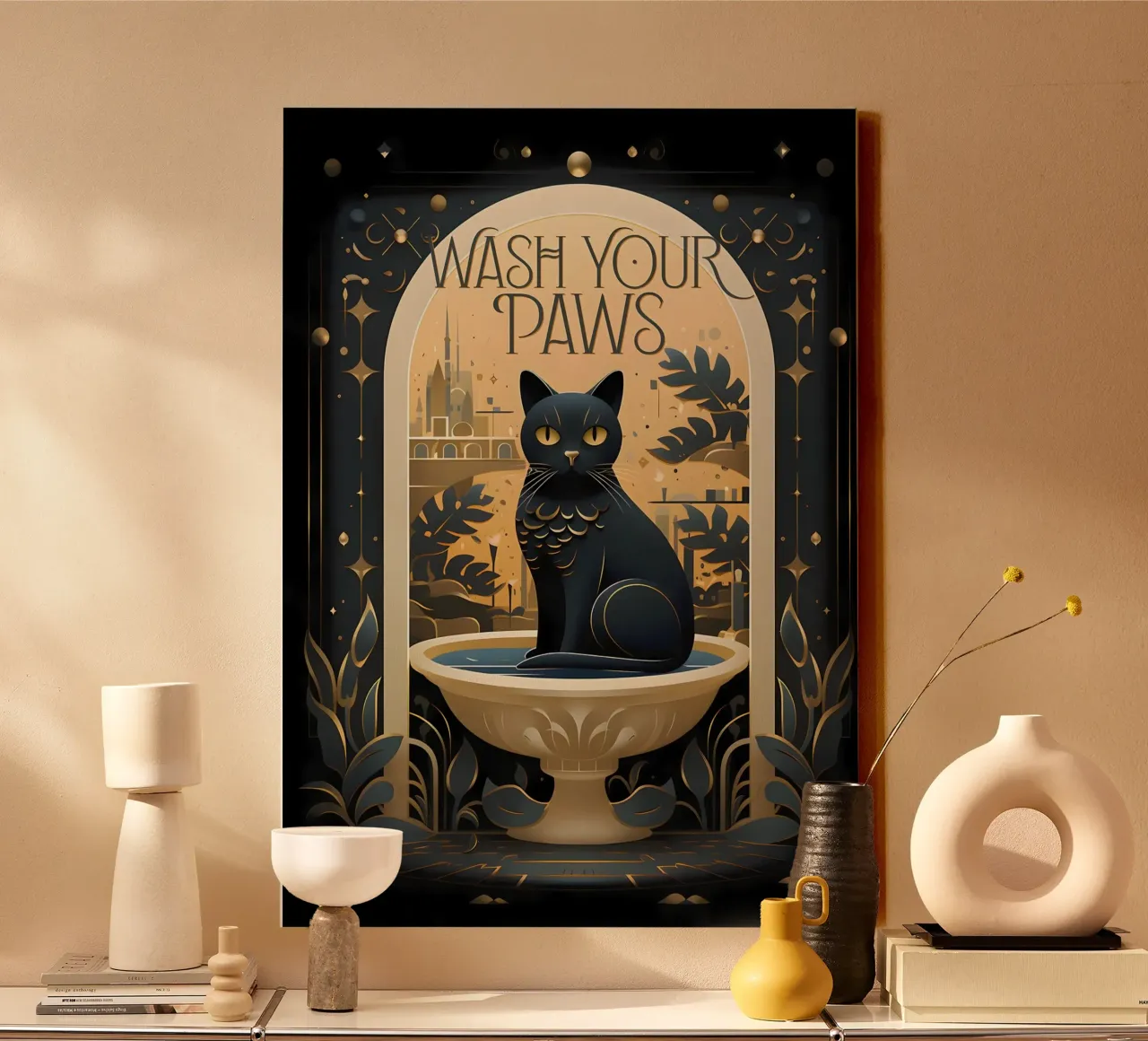 kattenbak tekst gouden bladeren canvas met Baklijst van Paul Vasquez