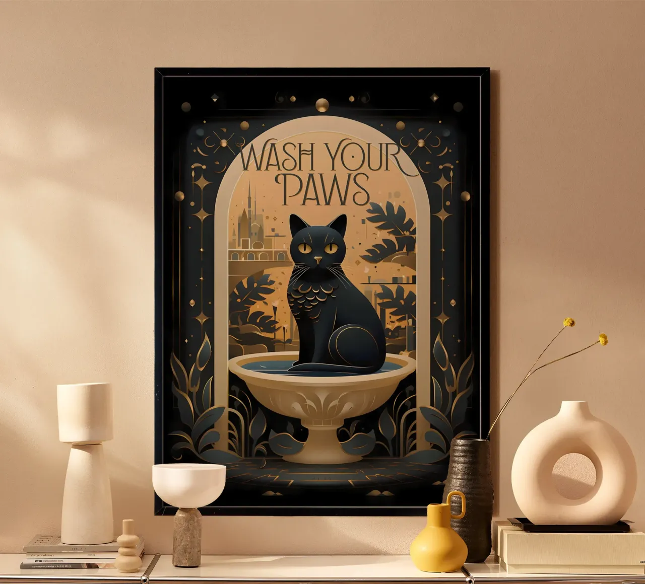 texte écuelle pour chat feuilles d'or poster avec cadre en plastique de Paul Vasquez