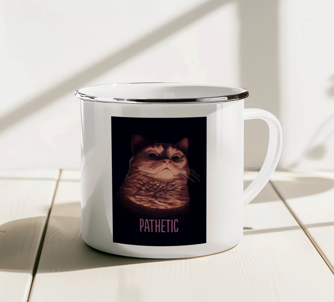 gatto umorismo testo animale baffi tazza in smalto da Paul Vasquez