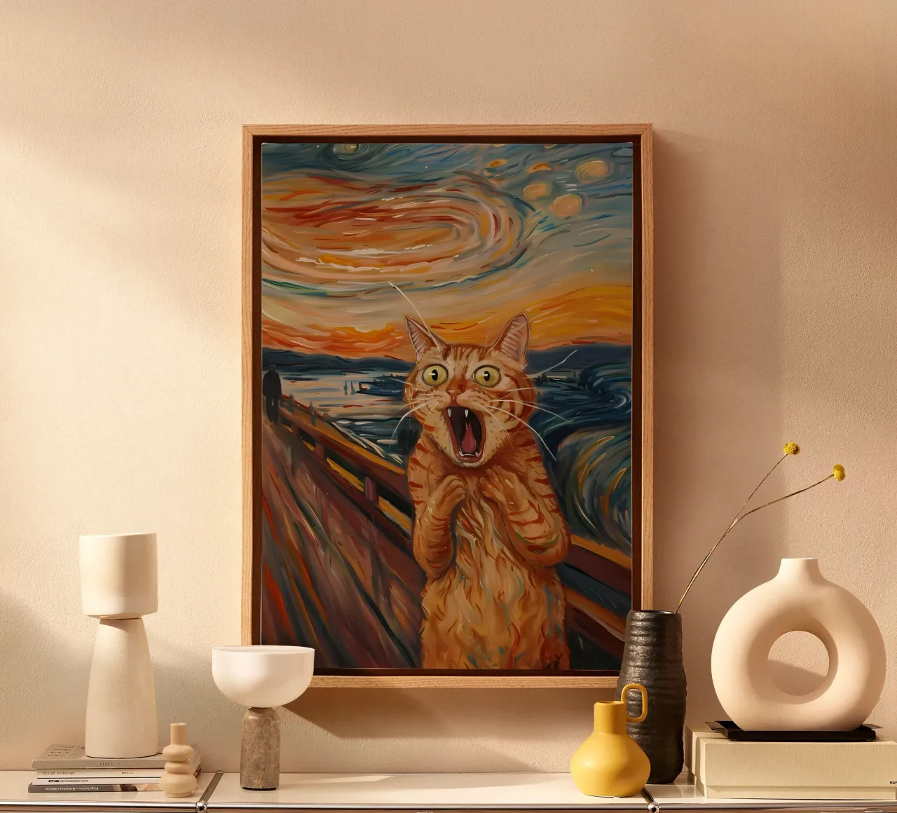 gatto notte stellata cielo ponte fiume tela con Cornice a cassetta da Paul Vasquez