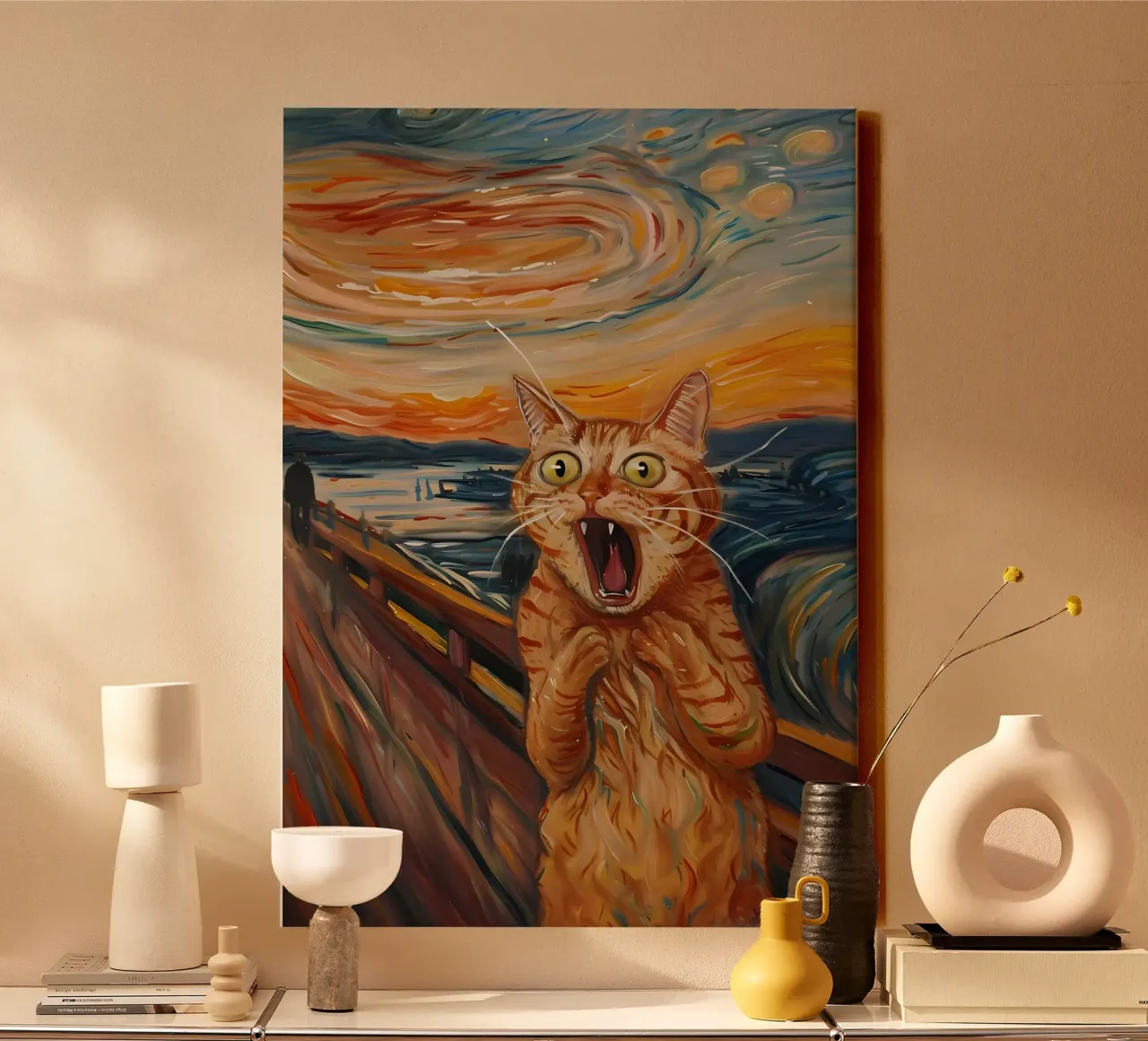 gatto notte stellata cielo ponte fiume tela con Cornice a cassetta da Paul Vasquez