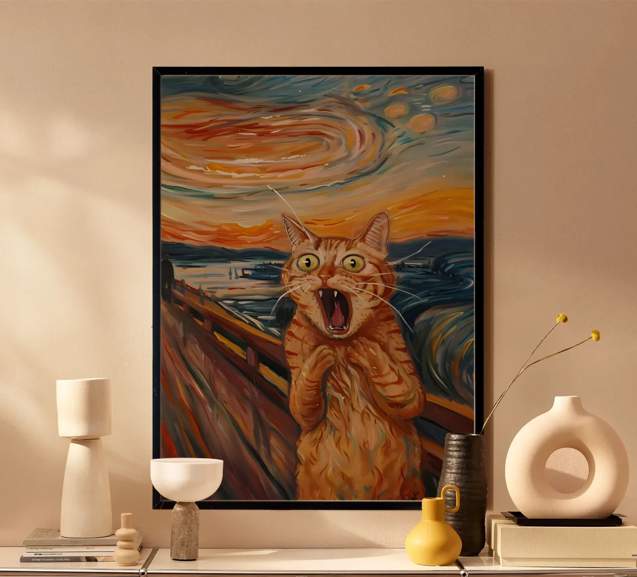gatto notte stellata cielo ponte fiume poster da Paul Vasquez