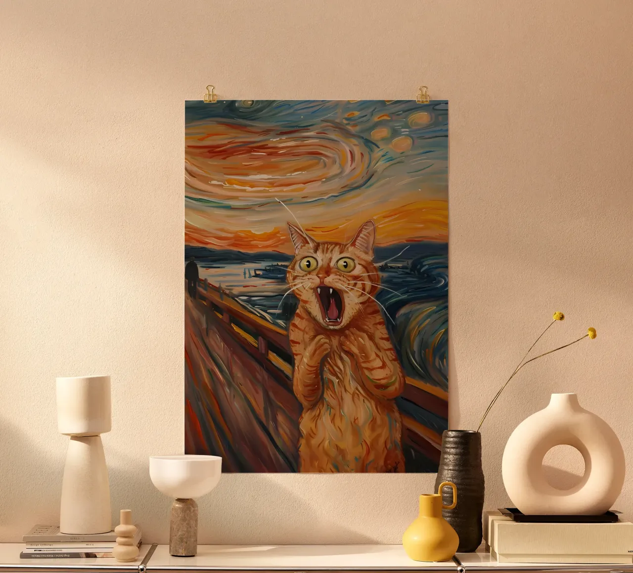 gatto notte stellata cielo ponte fiume poster da Paul Vasquez