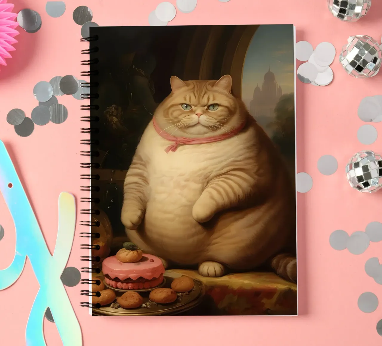 cat fat cat ginger cat pink collar cake spiral notebook by MinimalistPosterCharles