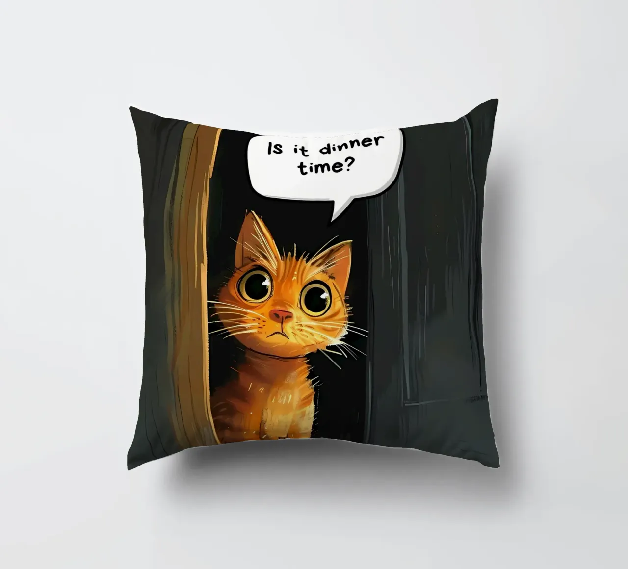 cat door speech-bubble question decorative cushion by MinimalistPosterCharles