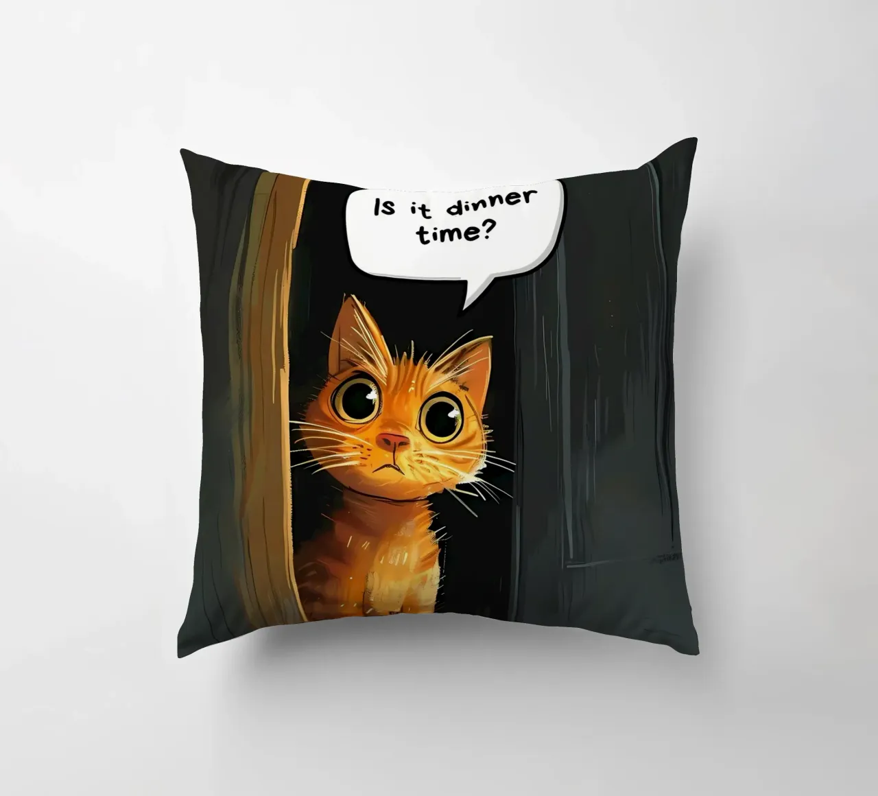 cat door speech-bubble question decorative cushion by MinimalistPosterCharles