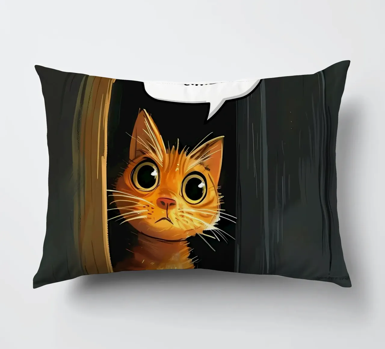 cat door speech-bubble question decorative cushion by MinimalistPosterCharles