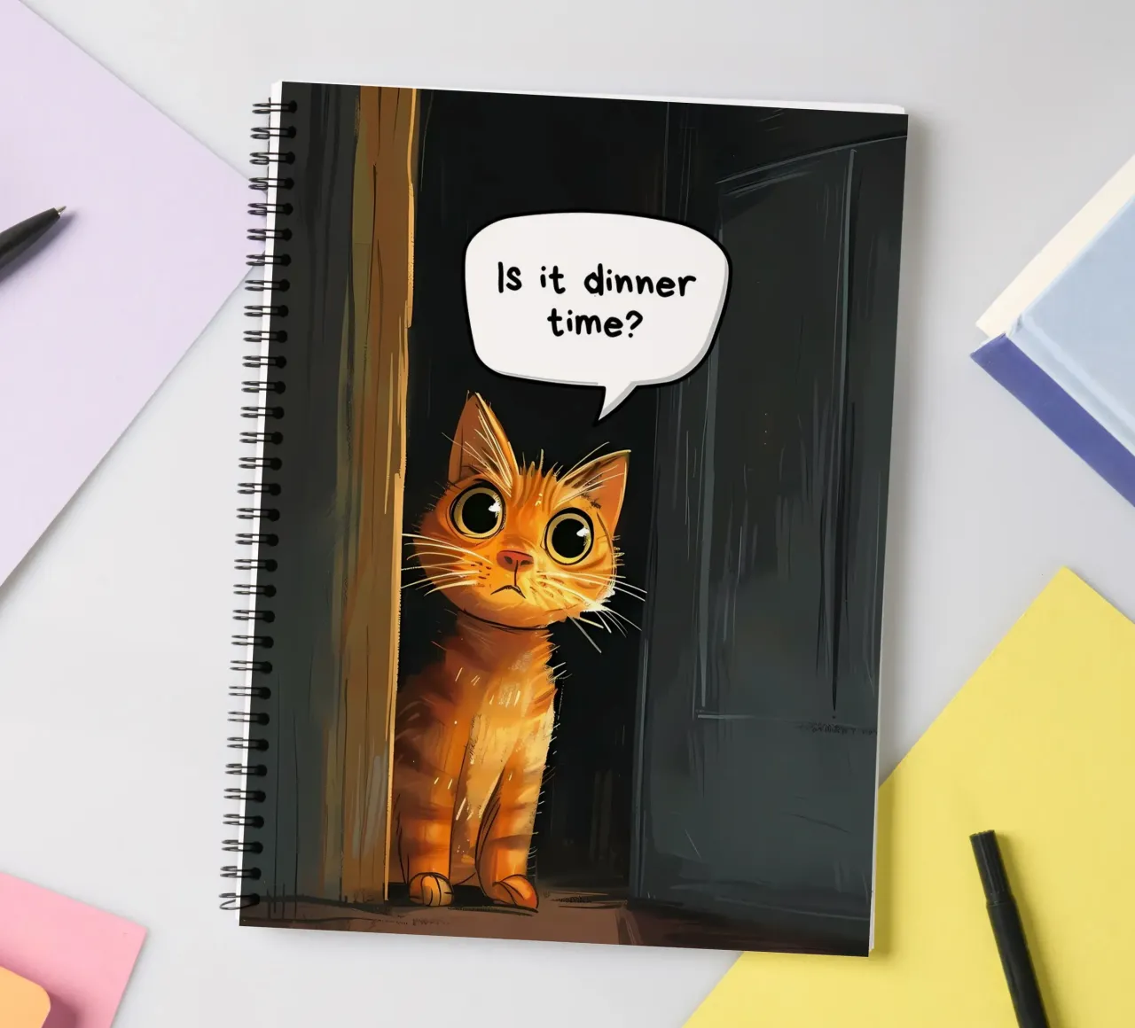 cat door speech-bubble question spiral notebook by MinimalistPosterCharles