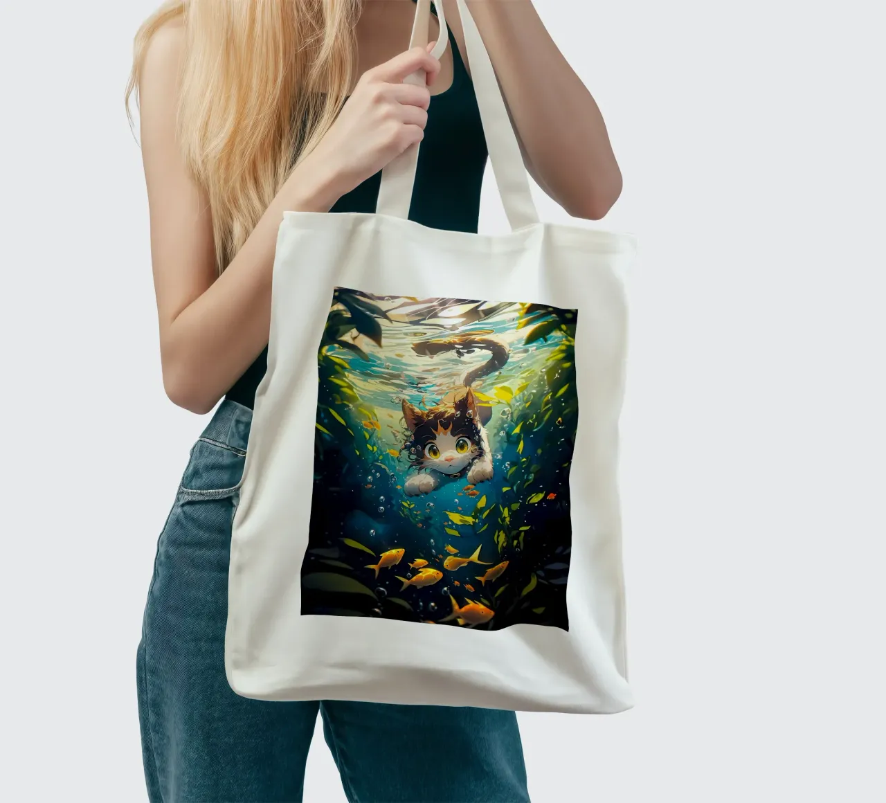 cat underwater fish seaweed tote bag by MinimalistPosterCharles