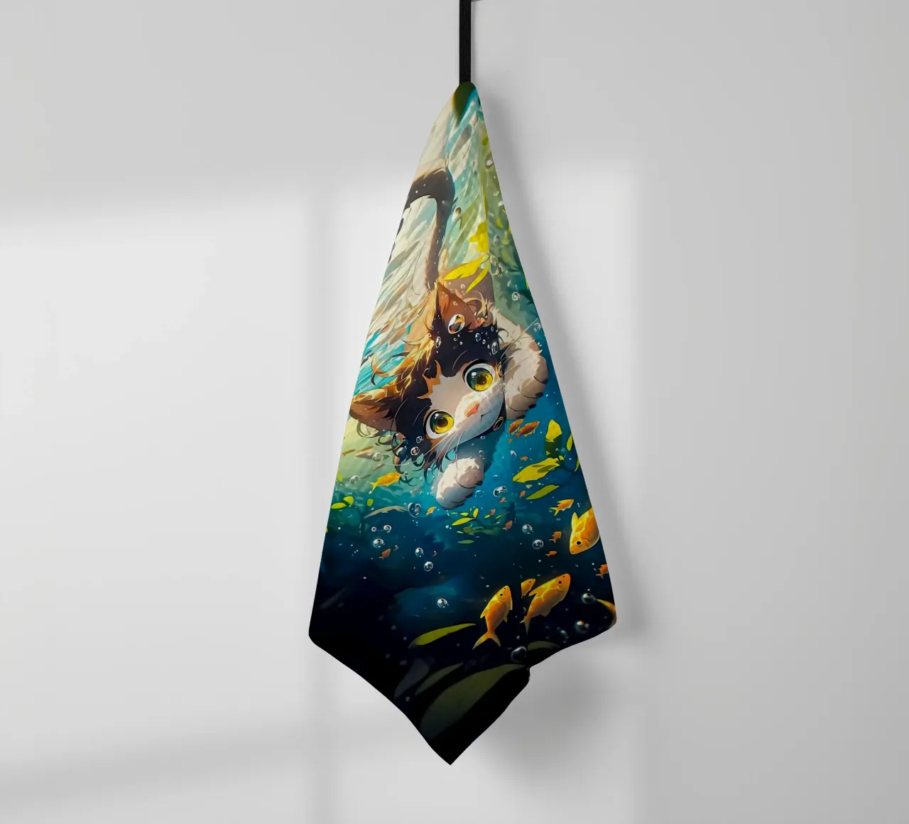 cat underwater fish seaweed tea towel by MinimalistPosterCharles