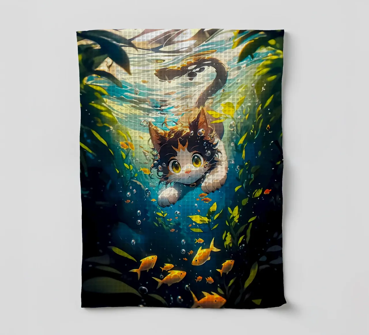 cat underwater fish seaweed tea towel by MinimalistPosterCharles