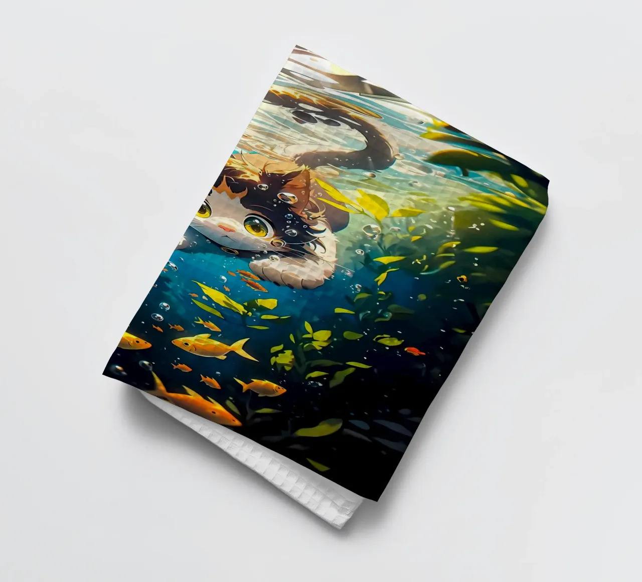 cat underwater fish seaweed tea towel by MinimalistPosterCharles