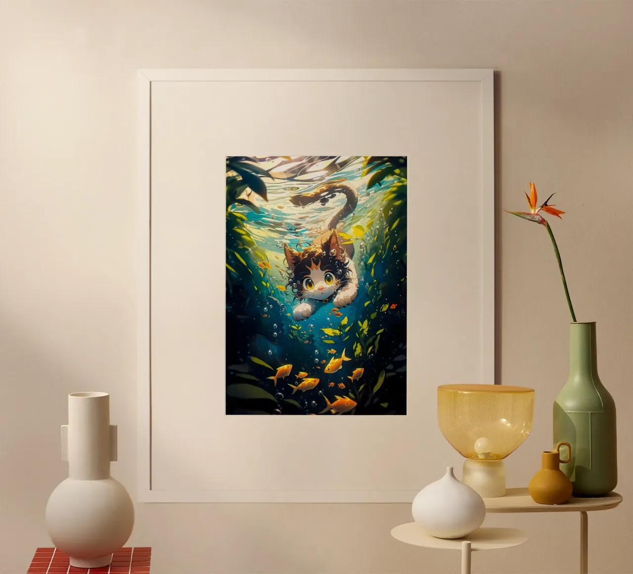 gatto sott'acqua pesce alga poster con telaio in plastica da MinimalistPosterCharles