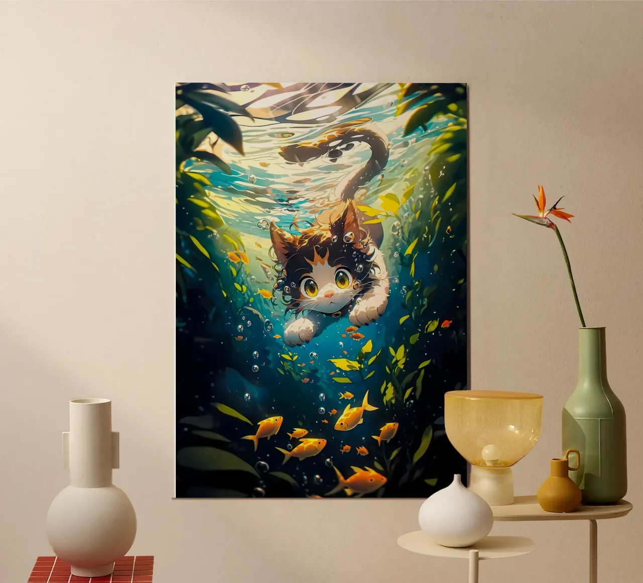 gatto sott'acqua pesce alga poster con telaio in plastica da MinimalistPosterCharles