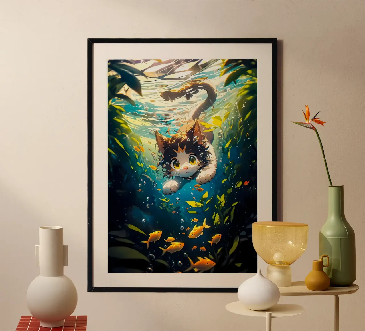 gatto sott'acqua pesce alga poster con telaio in plastica da MinimalistPosterCharles
