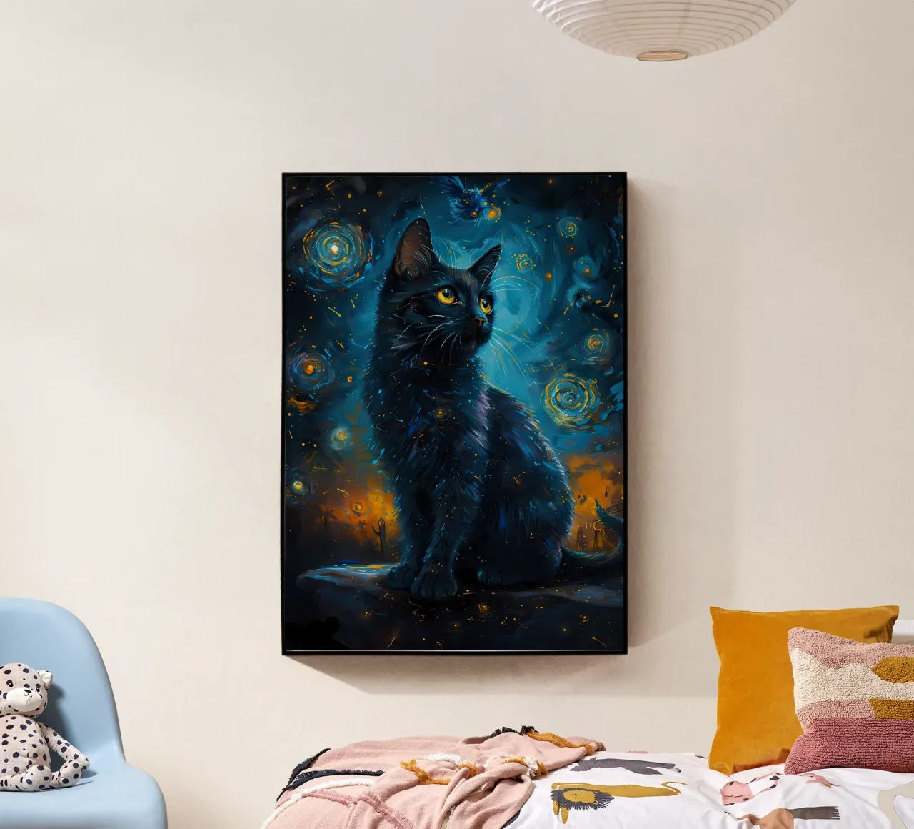 kat nacht hemel sterren uil acryl van Dale Edward YoungJr