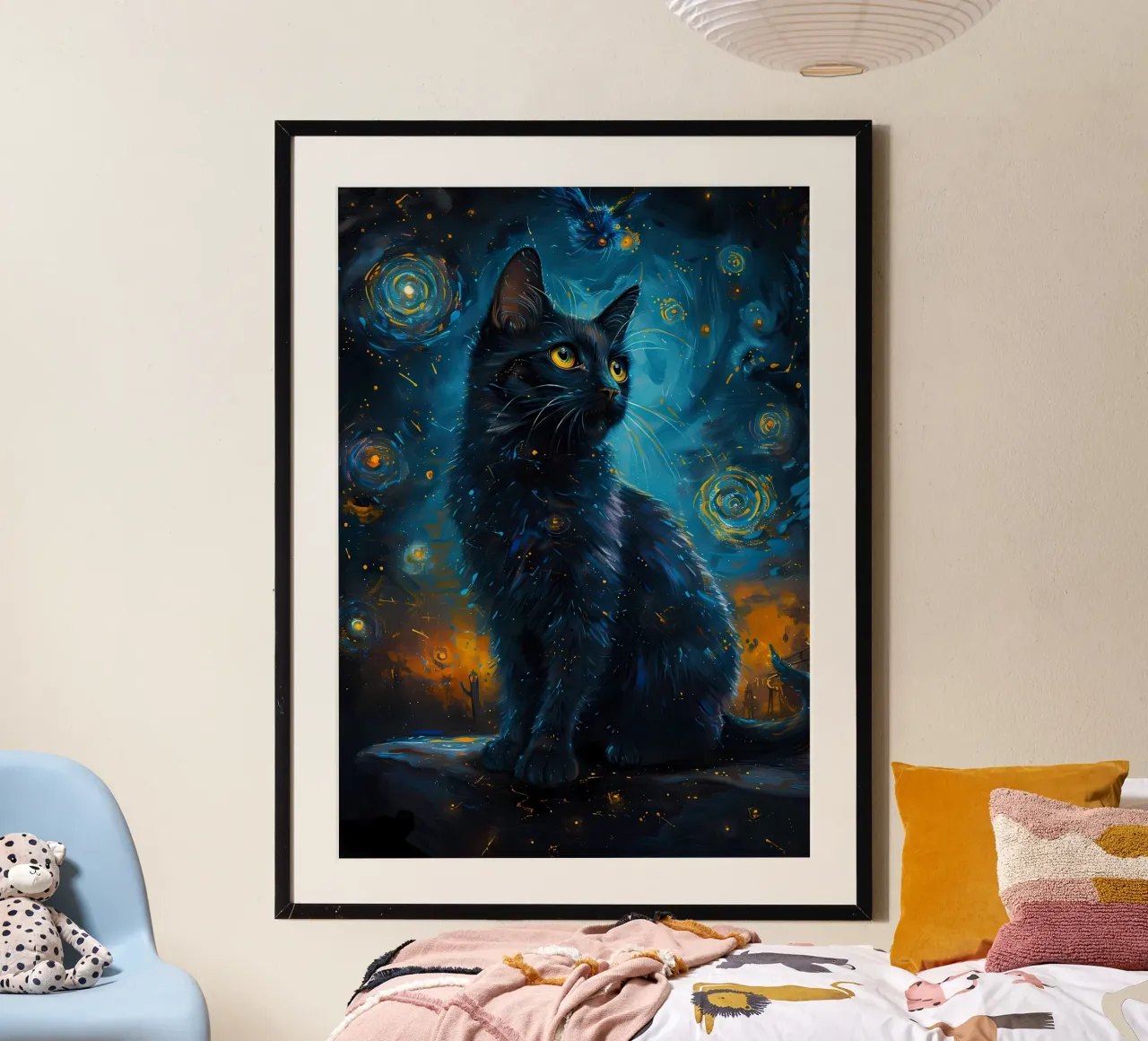 gatto notte cielo stelle gufo poster con telaio in alluminio da Dale Edward YoungJr