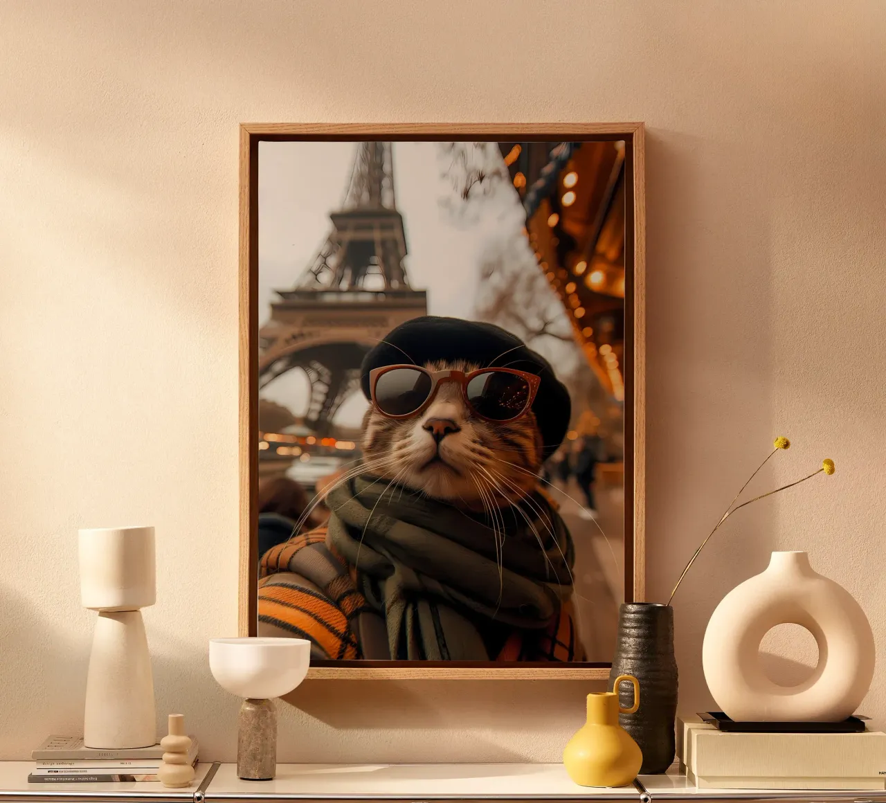 cat sunglasses eiffel tower hat canvas with Floater frame by Dale Edward YoungJr