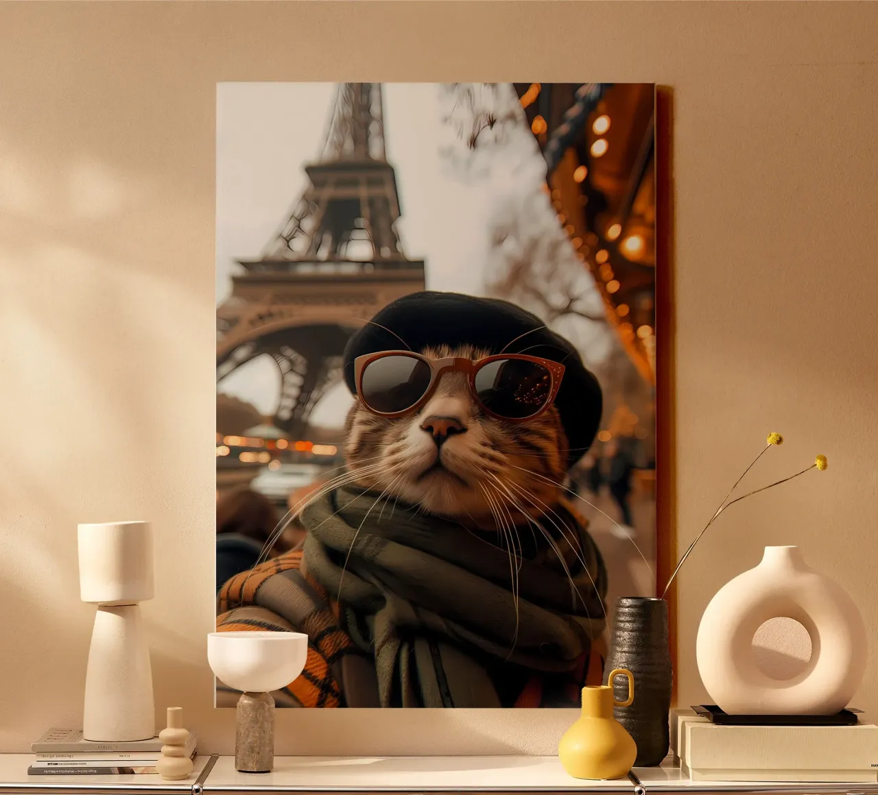 cat sunglasses eiffel tower hat canvas with Floater frame by Dale Edward YoungJr