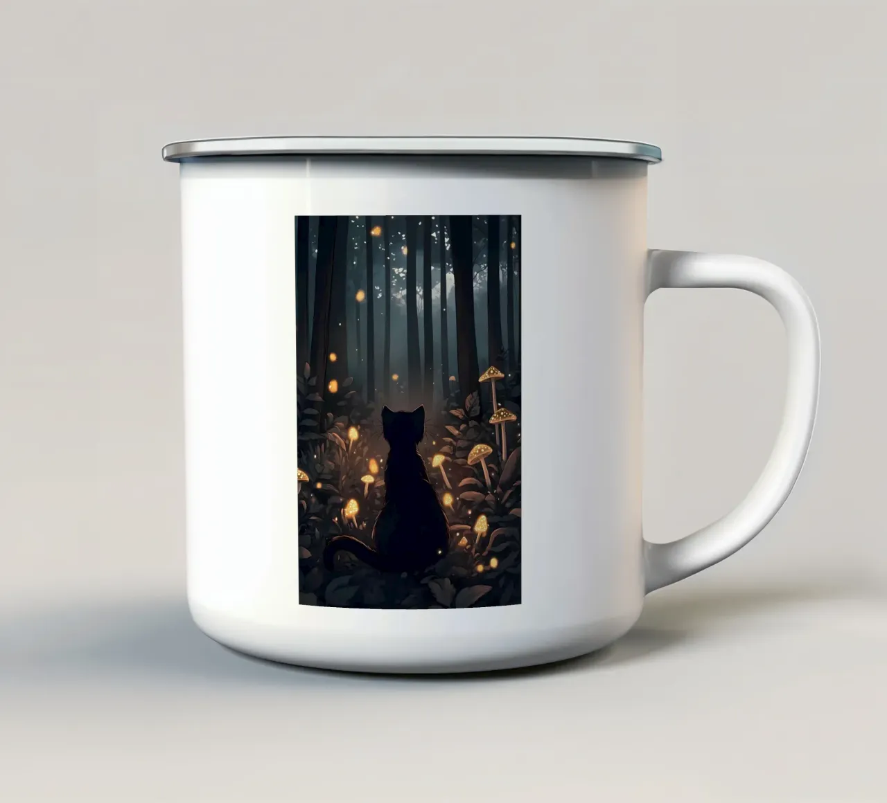 gatto bosco funghi lucciole tazza in smalto da Dale Edward YoungJr