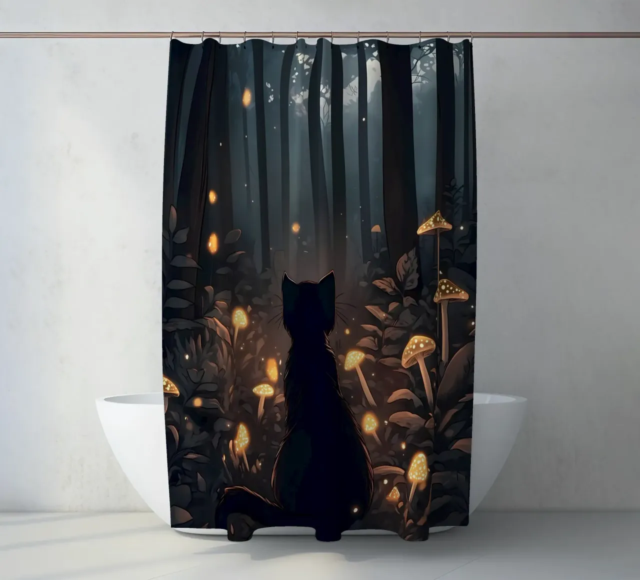 gato bosque setas luciérnagas cortina de baño de Dale Edward YoungJr