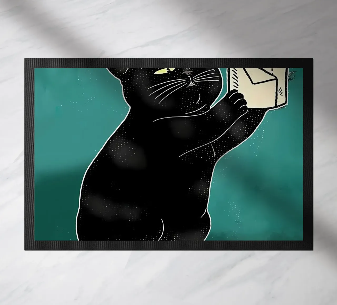 black cat funny expression toilet paper roll doormat by Dale Edward YoungJr