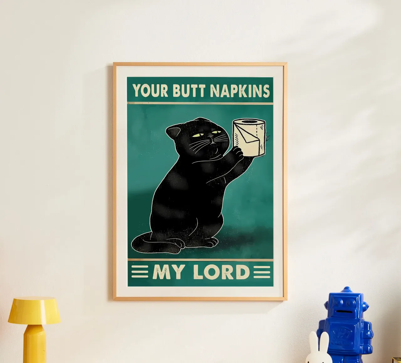gatto nero espressione divertente rotolo di carta igienica poster con telaio in alluminio da Dale Edward YoungJr