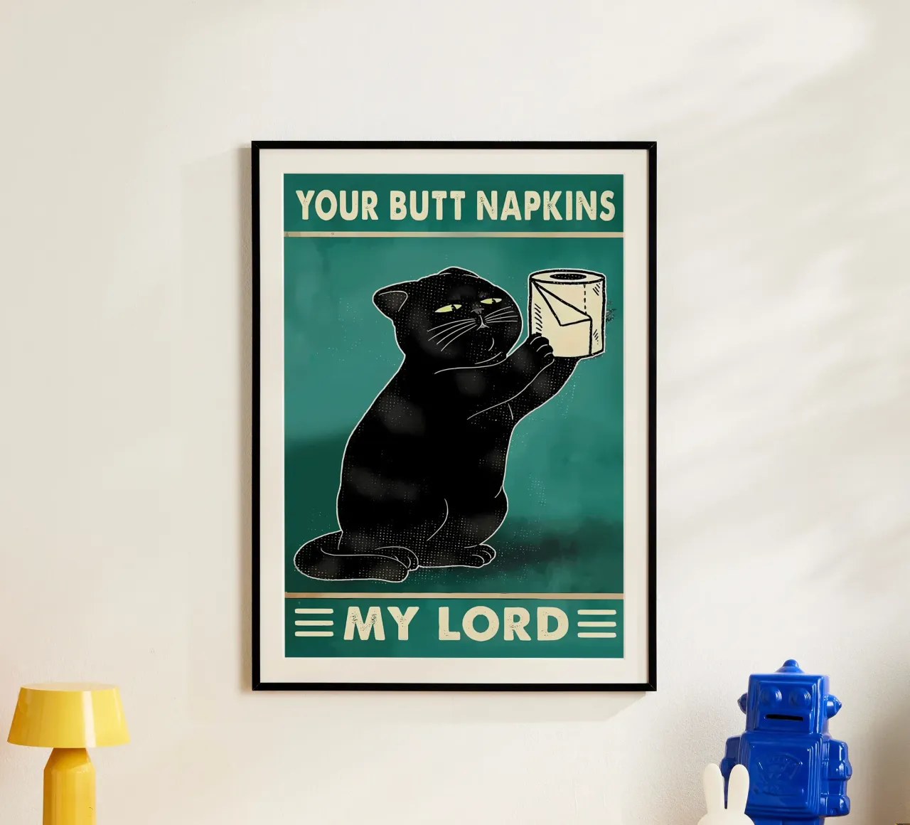 gatto nero espressione divertente rotolo di carta igienica poster con telaio in alluminio da Dale Edward YoungJr