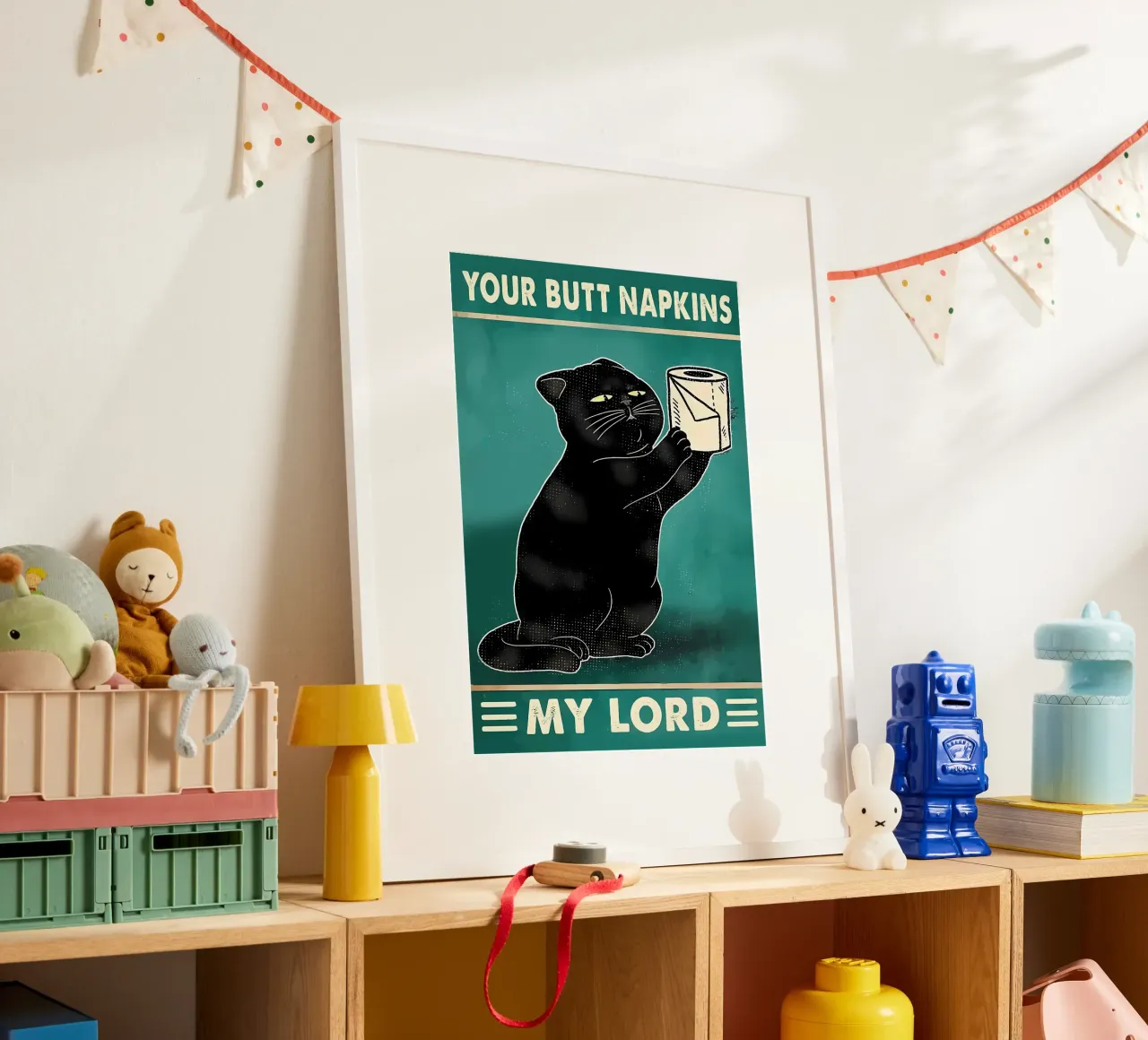 gatto nero espressione divertente rotolo di carta igienica poster con telaio in alluminio da Dale Edward YoungJr