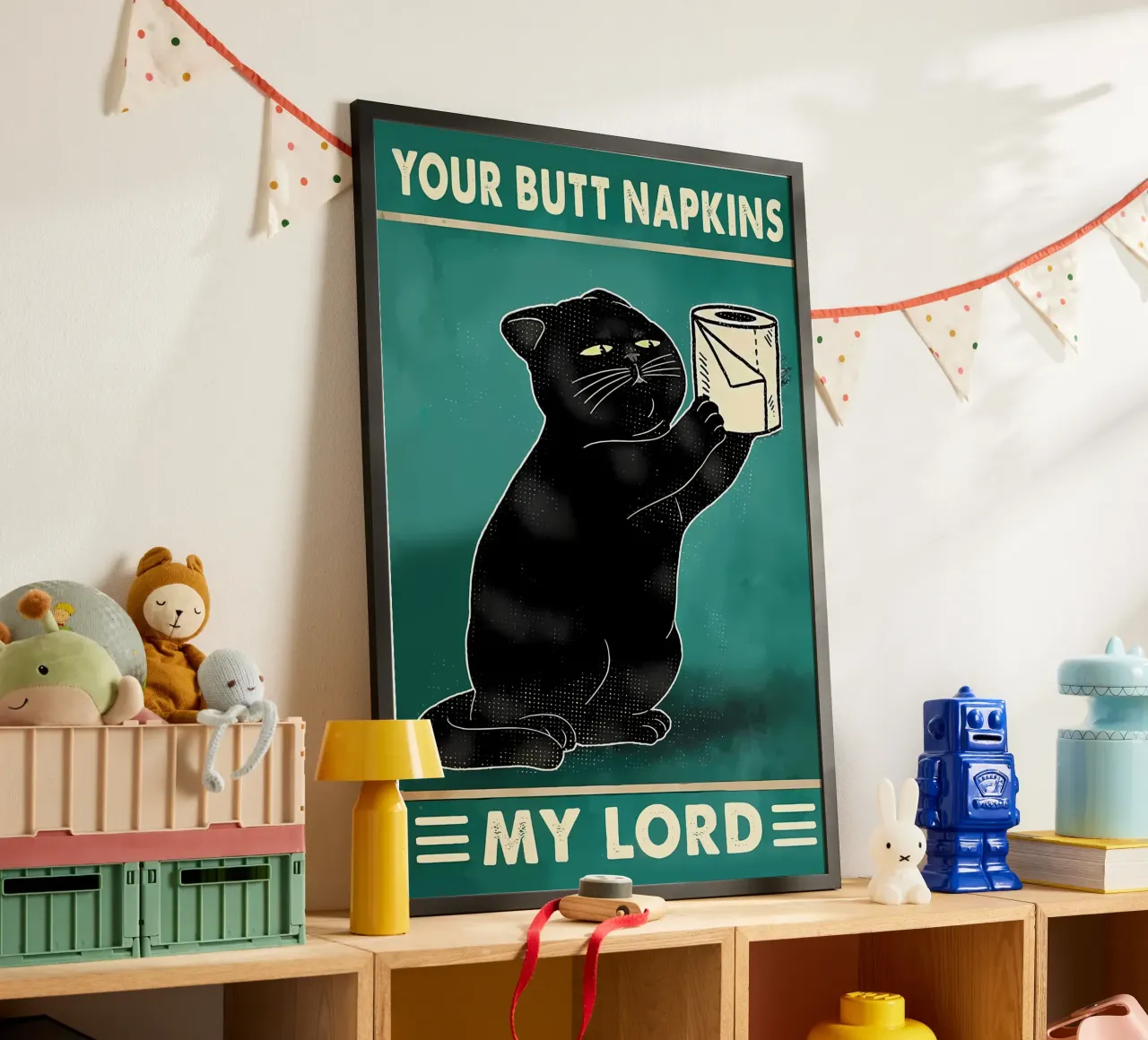 gatto nero espressione divertente rotolo di carta igienica poster con telaio in alluminio da Dale Edward YoungJr